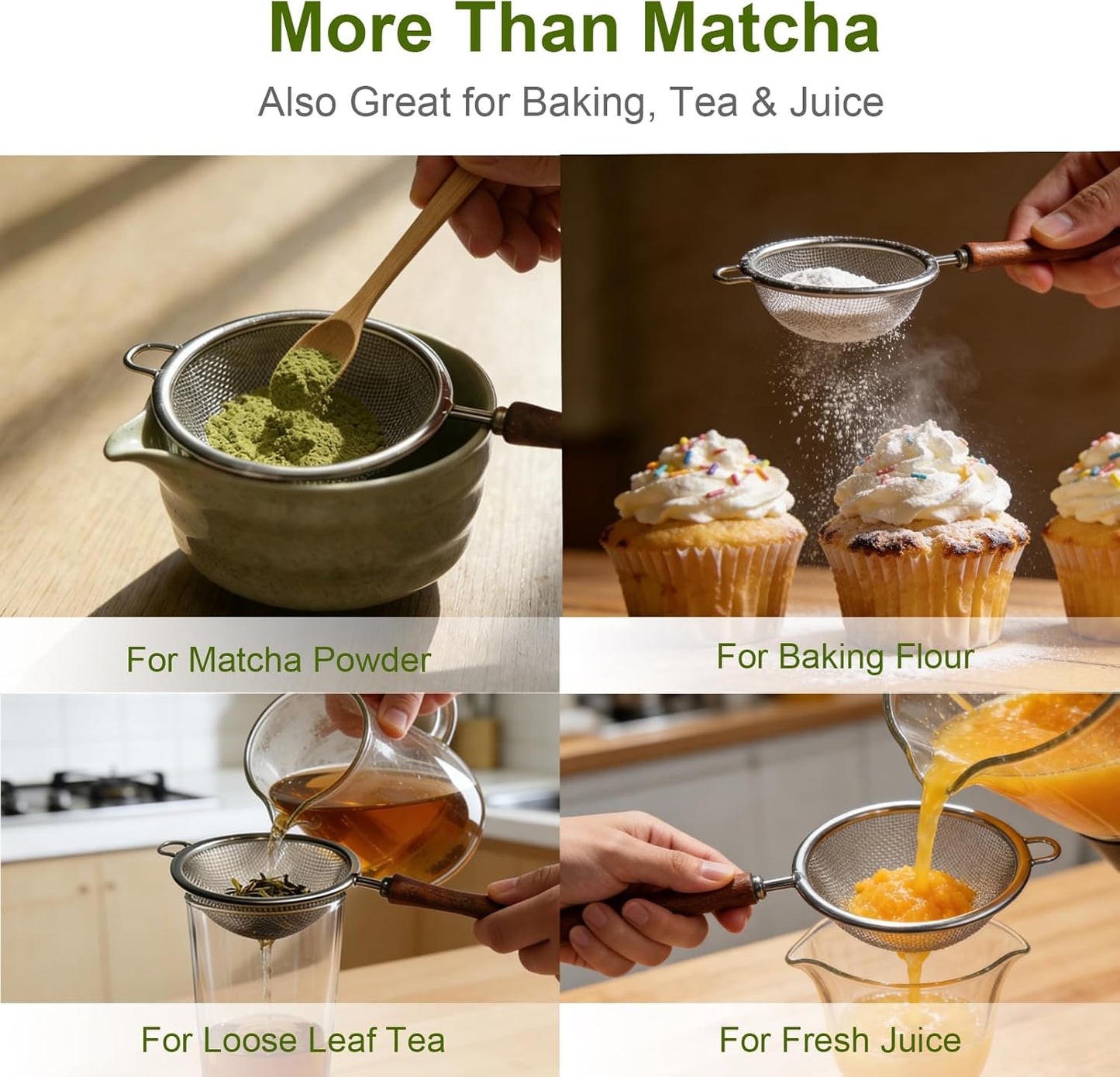 Matcha Sifter, 30-Mesh Fine Matcha Strainer with Natural Wood Handle, 3-Inch Stainless Steel Small Sieve for Matcha Tea, Chawan and Daily Latte