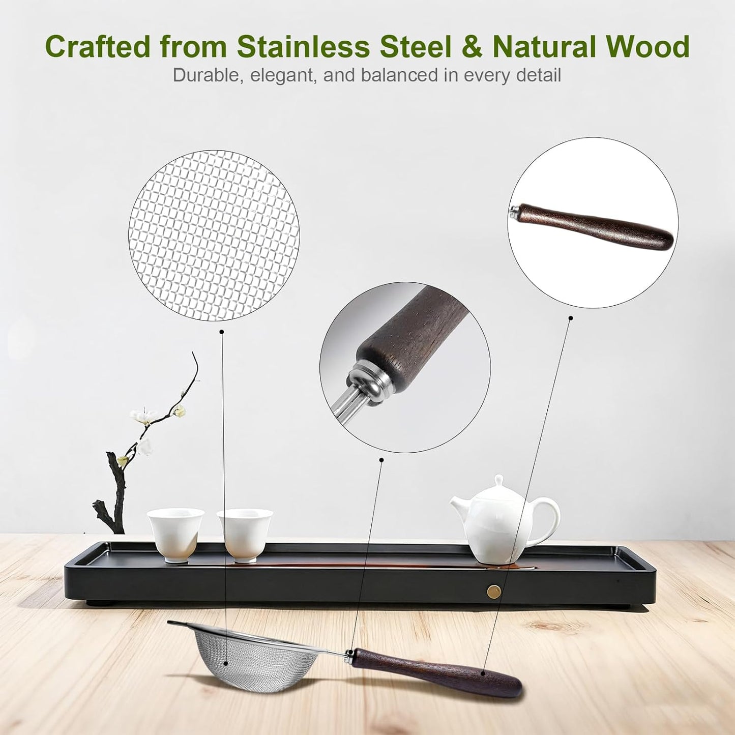 Matcha Sifter, 30-Mesh Fine Matcha Strainer with Natural Wood Handle, 3-Inch Stainless Steel Small Sieve for Matcha Tea, Chawan and Daily Latte