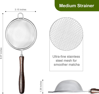 Matcha Sifter, 30-Mesh Fine Matcha Strainer with Natural Wood Handle, 3-Inch Stainless Steel Small Sieve for Matcha Tea, Chawan and Daily Latte