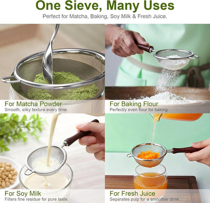 Matcha Sifter, 30-Mesh Fine Matcha Strainer with Natural Wood Handle, 3-Inch Stainless Steel Small Sieve for Matcha Tea, Chawan and Daily Latte