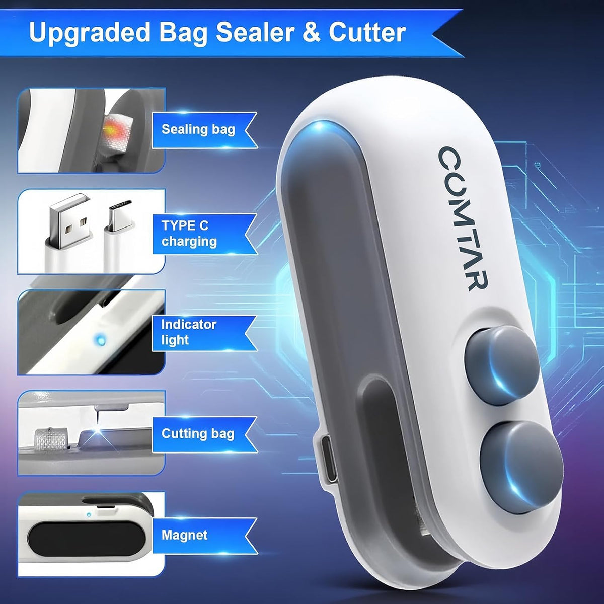 Mini Bag Sealer, Rechargeable 2-in-1 Heat Seal & Cutter for Plastic Bags | Chip Bag Sealer,Bag Resealer,Rechargeable Sealer Machine,Portable Heat Sealer and Cutter