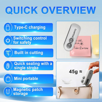 Mini Bag Sealer, Rechargeable 2-in-1 Heat Seal & Cutter for Plastic Bags | Chip Bag Sealer,Bag Resealer,Rechargeable Sealer Machine,Portable Heat Sealer and Cutter