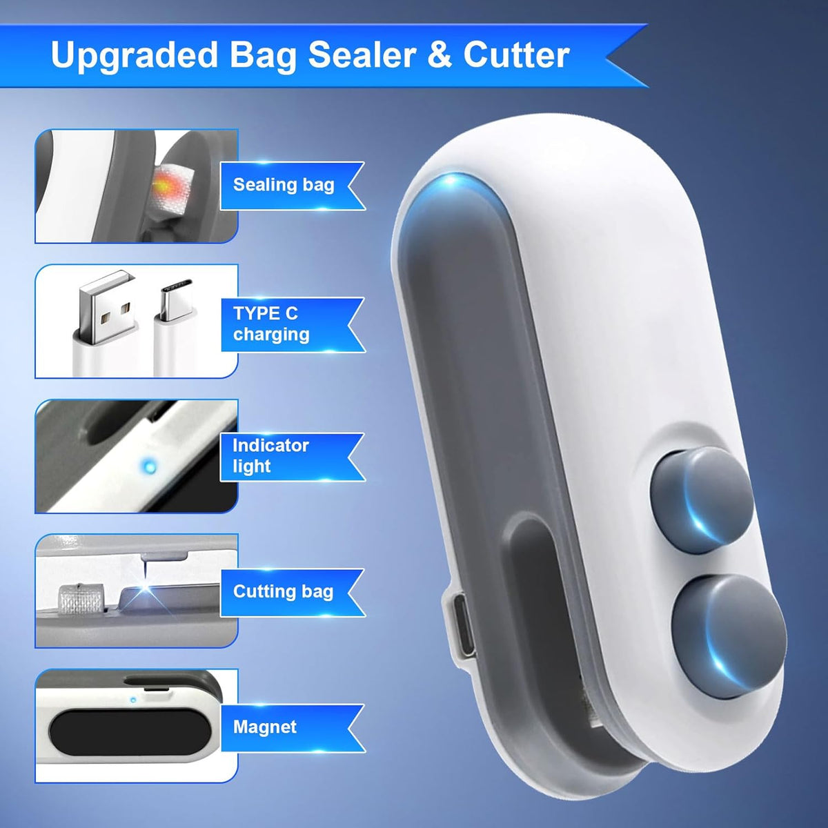Mini Bag Sealer, Rechargeable 2-in-1 Heat Seal & Cutter for Plastic Bags | Chip Bag Sealer,Bag Resealer,Rechargeable Sealer Machine,Portable Heat Sealer and Cutter