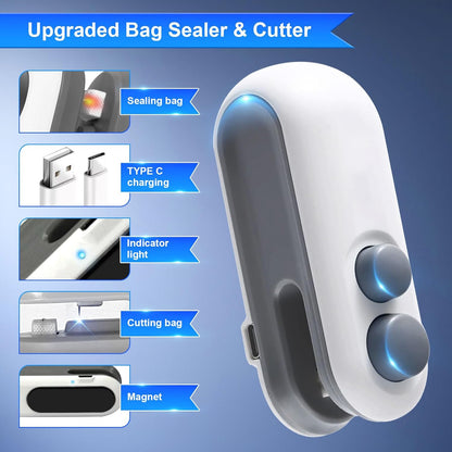 Mini Bag Sealer, Rechargeable 2-in-1 Heat Seal & Cutter for Plastic Bags | Chip Bag Sealer,Bag Resealer,Rechargeable Sealer Machine,Portable Heat Sealer and Cutter