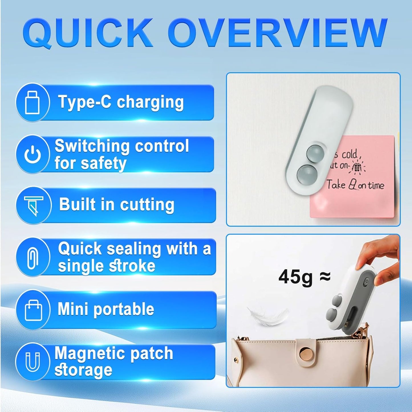 Mini Bag Sealer, Rechargeable 2-in-1 Heat Seal & Cutter for Plastic Bags | Chip Bag Sealer,Bag Resealer,Rechargeable Sealer Machine,Portable Heat Sealer and Cutter