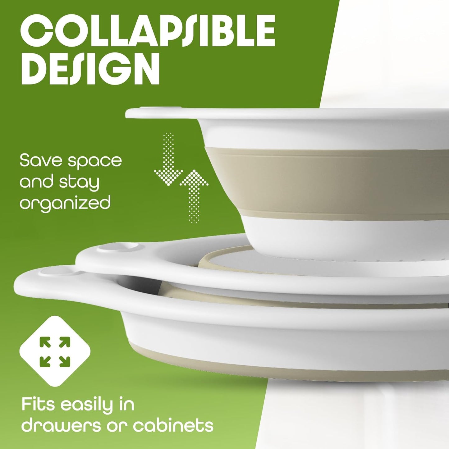 Collapsible Colanders (2 Pack Set) Food Strainers with Over-Sink Water Draining Base for Pasta Fruits and Vegetables (4 and 5 Quart) - White Gray