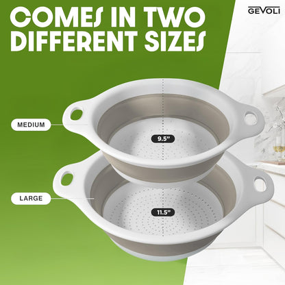 Collapsible Colanders (2 Pack Set) Food Strainers with Over-Sink Water Draining Base for Pasta Fruits and Vegetables (4 and 5 Quart) - White Gray