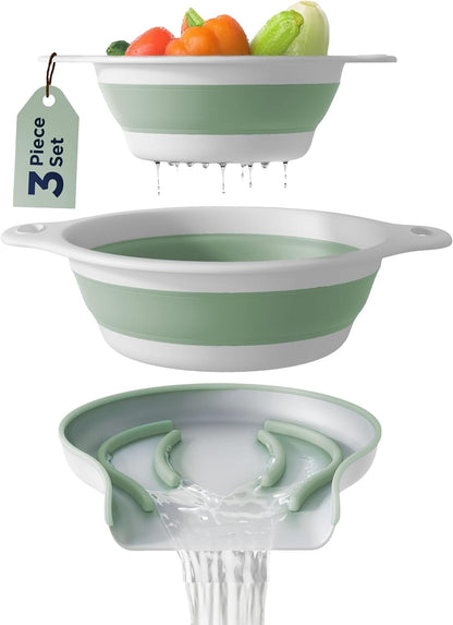 Collapsible Colanders (2 Pack Set) Food Strainers with Over-Sink Water Draining Base for Pasta Fruits and Vegetables (4 and 5 Quart) - White Gray