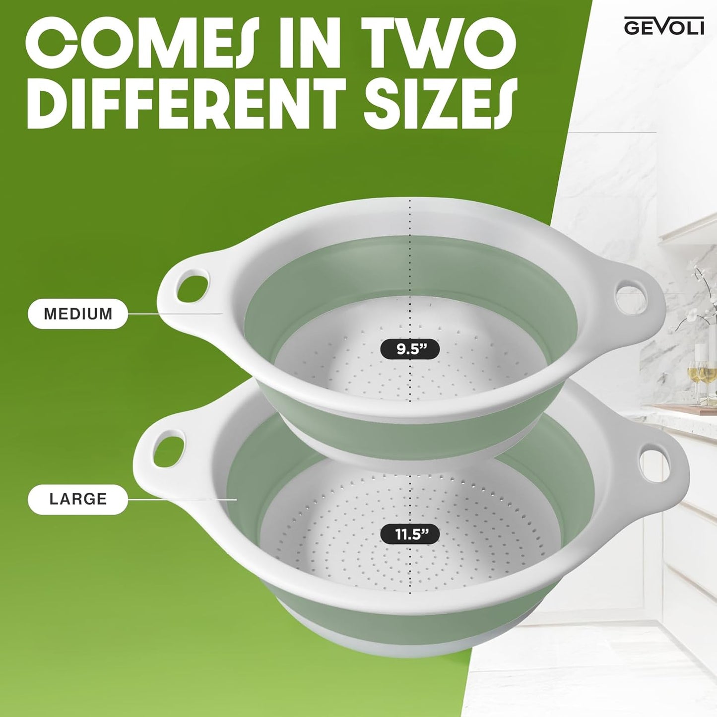 Collapsible Colanders (2 Pack Set) Food Strainers with Over-Sink Water Draining Base for Pasta Fruits and Vegetables (4 and 5 Quart) - White Gray