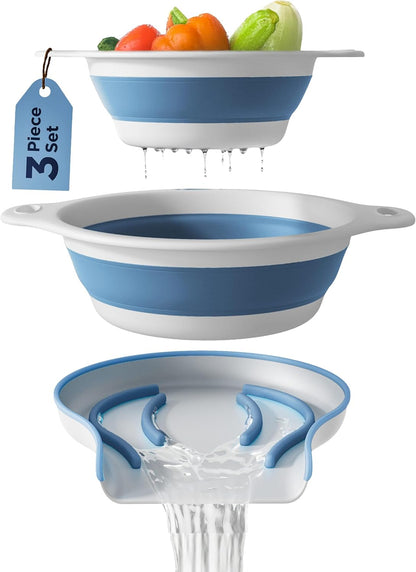 Collapsible Colanders (2 Pack Set) Food Strainers with Over-Sink Water Draining Base for Pasta Fruits and Vegetables (4 and 5 Quart) - White Gray