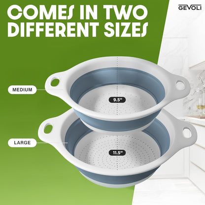 Collapsible Colanders (2 Pack Set) Food Strainers with Over-Sink Water Draining Base for Pasta Fruits and Vegetables (4 and 5 Quart) - White Gray