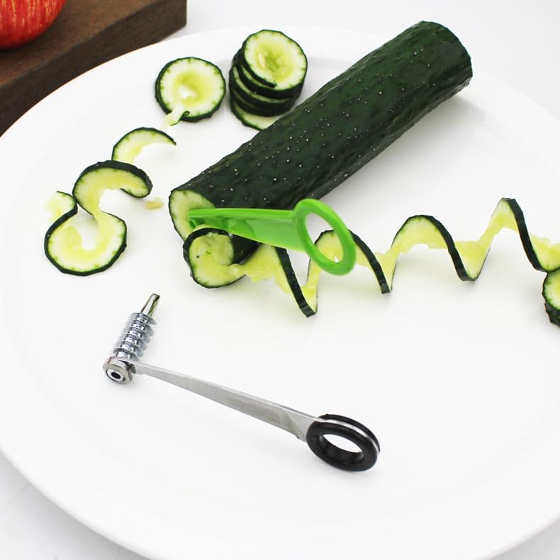 Stainless Steel Spiral Vegetable Cutter+ Plastic Green Cutter – Easy Spiralizer for Potatoes, Carrots, Cucumbers, Zucchini – Kitchen Spiral Slicer for Healthy Snacks & Salads(2pcs)
