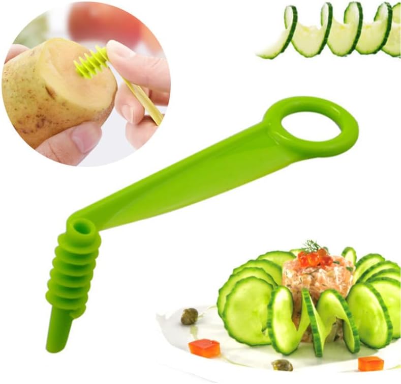 Stainless Steel Spiral Vegetable Cutter+ Plastic Green Cutter – Easy Spiralizer for Potatoes, Carrots, Cucumbers, Zucchini – Kitchen Spiral Slicer for Healthy Snacks & Salads(2pcs)