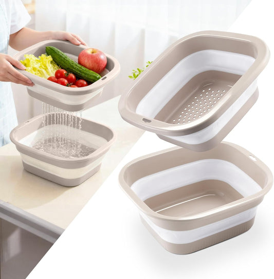 2.8 Gal (10.5L) Collapsible Dish Basin with Drain Basket Colanders, Multiuse Double-Layer Foldable Strainers Sink Tub, Collapsible Wash Basin Pan, Plastic Tubs, Dishpan, Kitchen Sink, Pink