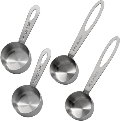 4 Pcs Stainless Steel Measuring Scoops - 1/8 Cup (30ml) Long/Short Handle Scoop for Coffee, Tea, Baking, Kitchen