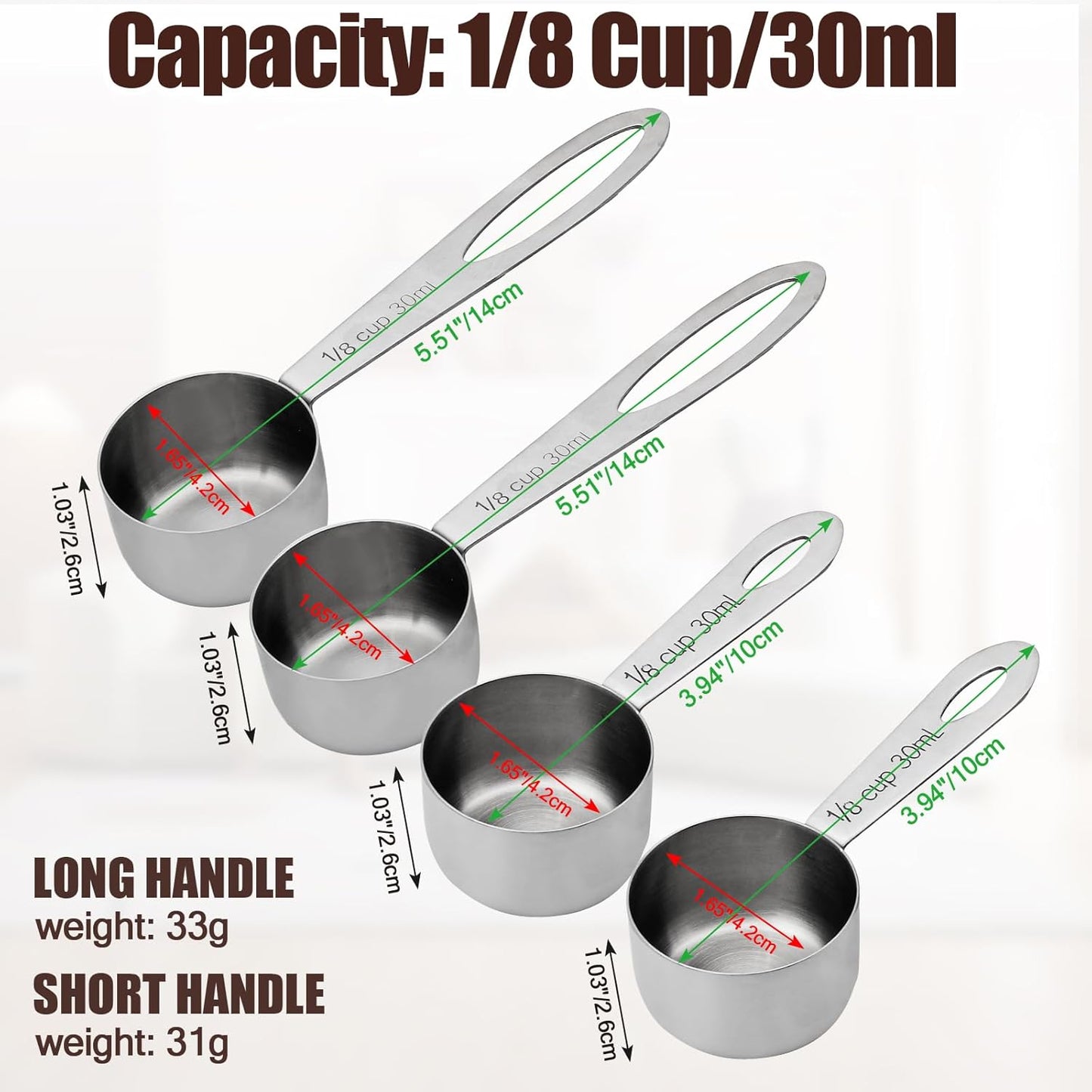 4 Pcs Stainless Steel Measuring Scoops - 1/8 Cup (30ml) Long/Short Handle Scoop for Coffee, Tea, Baking, Kitchen