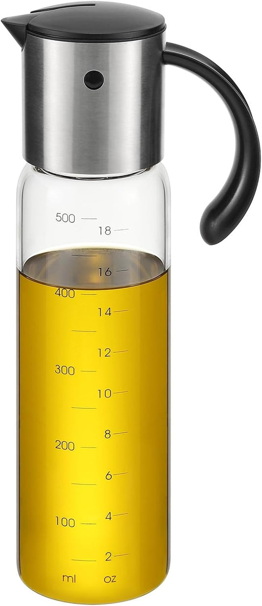 Large Olive Oil Dispenser Bottle 17 oz Glass | Auto Flip Condiment Container Leakproof Vinegar Dispenser Cruet Stainless Steel