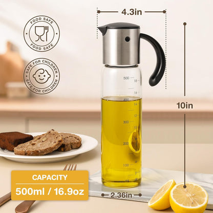 Large Olive Oil Dispenser Bottle 17 oz Glass | Auto Flip Condiment Container Leakproof Vinegar Dispenser Cruet Stainless Steel