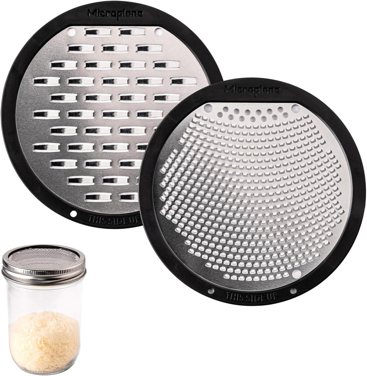 2-Piece Ultimate Mason Jar Lid Grater Set, Fine & Ribbon Stainless Steel Blades, Fits Wide Mouth Canning Jars, Shaker Holes, Zester & Cheese/Spice Grater, Handheld Stainless Steel Rasp