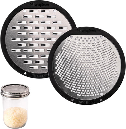 2-Piece Ultimate Mason Jar Lid Grater Set, Fine & Ribbon Stainless Steel Blades, Fits Wide Mouth Canning Jars, Shaker Holes, Zester & Cheese/Spice Grater, Handheld Stainless Steel Rasp