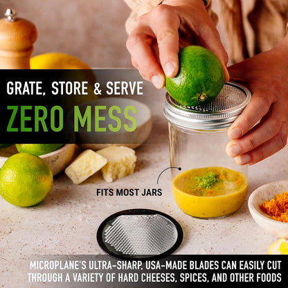 2-Piece Ultimate Mason Jar Lid Grater Set, Fine & Ribbon Stainless Steel Blades, Fits Wide Mouth Canning Jars, Shaker Holes, Zester & Cheese/Spice Grater, Handheld Stainless Steel Rasp