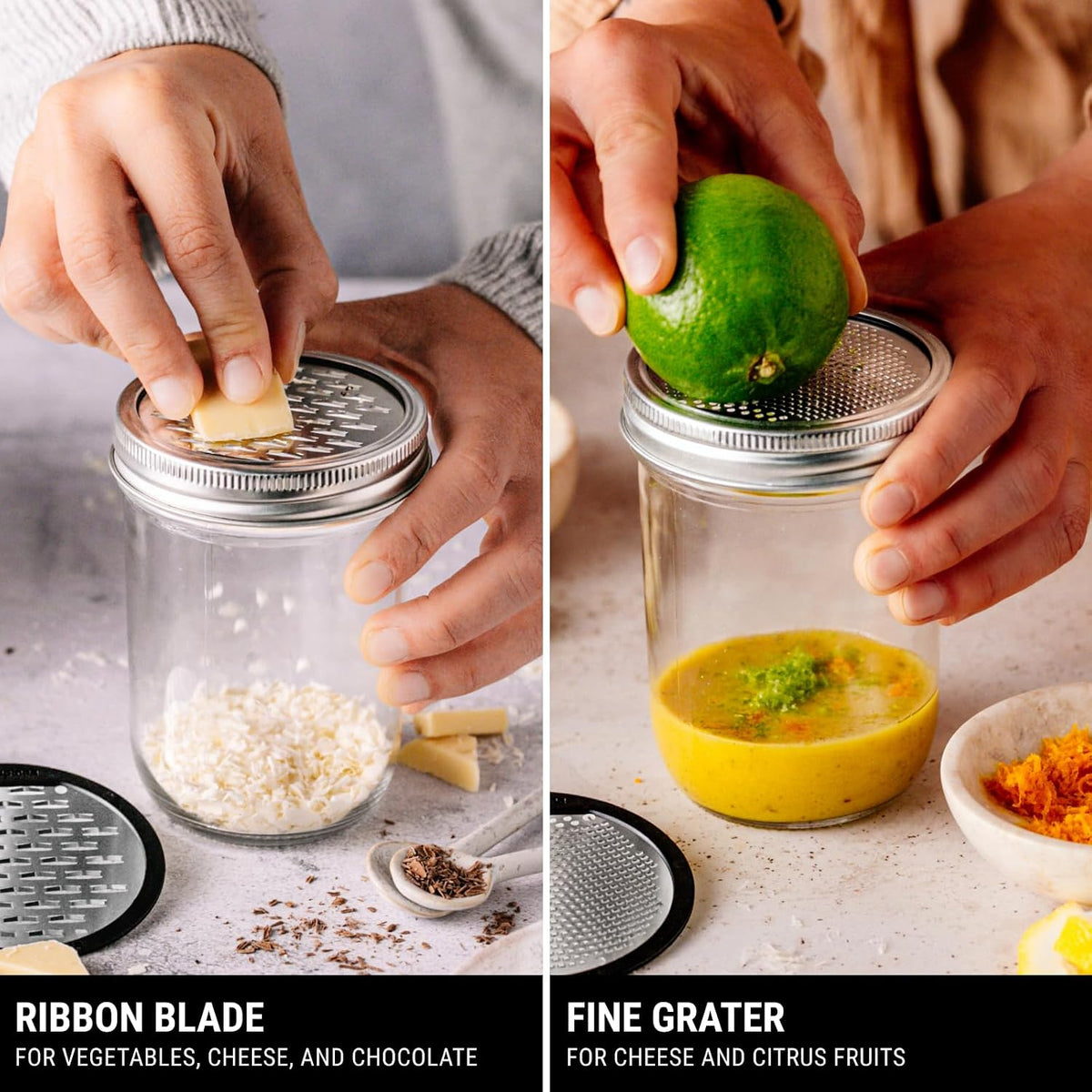 2-Piece Ultimate Mason Jar Lid Grater Set, Fine & Ribbon Stainless Steel Blades, Fits Wide Mouth Canning Jars, Shaker Holes, Zester & Cheese/Spice Grater, Handheld Stainless Steel Rasp