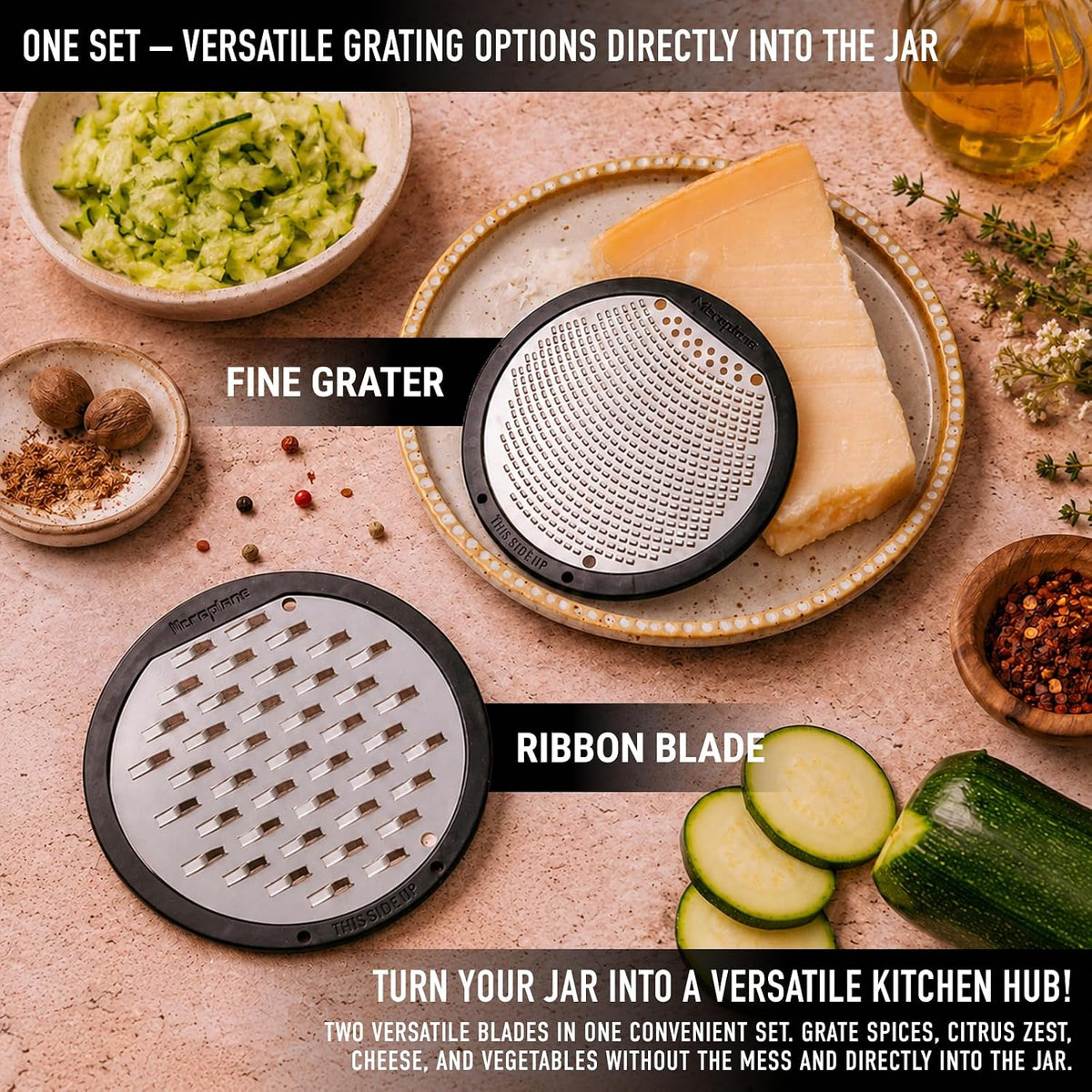 2-Piece Ultimate Mason Jar Lid Grater Set, Fine & Ribbon Stainless Steel Blades, Fits Wide Mouth Canning Jars, Shaker Holes, Zester & Cheese/Spice Grater, Handheld Stainless Steel Rasp