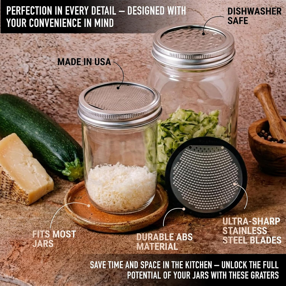 2-Piece Ultimate Mason Jar Lid Grater Set, Fine & Ribbon Stainless Steel Blades, Fits Wide Mouth Canning Jars, Shaker Holes, Zester & Cheese/Spice Grater, Handheld Stainless Steel Rasp