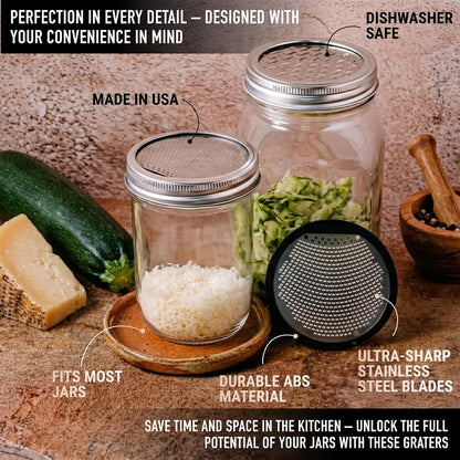 2-Piece Ultimate Mason Jar Lid Grater Set, Fine & Ribbon Stainless Steel Blades, Fits Wide Mouth Canning Jars, Shaker Holes, Zester & Cheese/Spice Grater, Handheld Stainless Steel Rasp