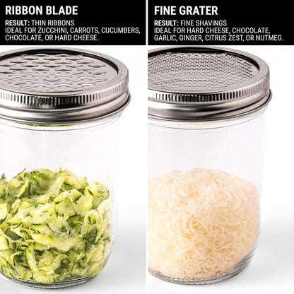 2-Piece Ultimate Mason Jar Lid Grater Set, Fine & Ribbon Stainless Steel Blades, Fits Wide Mouth Canning Jars, Shaker Holes, Zester & Cheese/Spice Grater, Handheld Stainless Steel Rasp