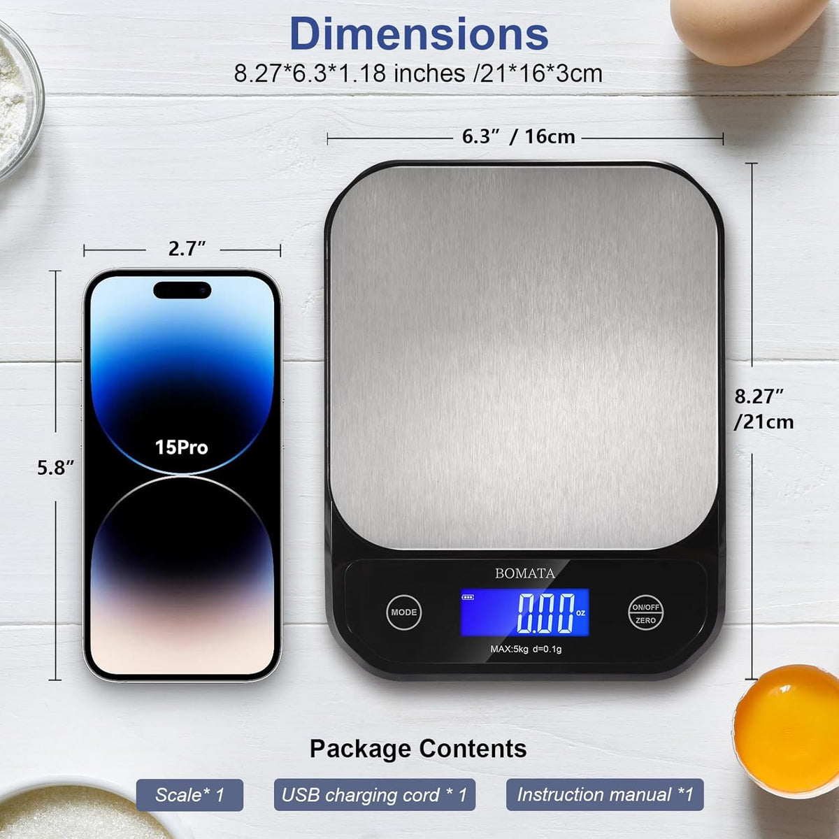 Waterproof Kitchen Scale, 0.1g/0.01oz High Precision, 5kg/11lb, Washable, USB Rechargeable, Digital Scale for Food,Cooking, Baking, Weight Loss, Grey