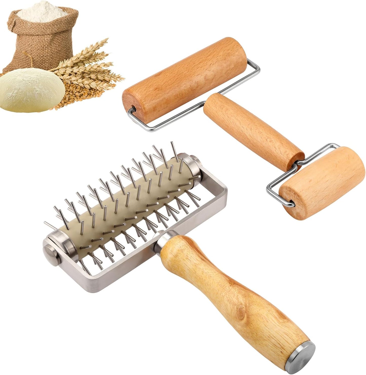 2 Packs Pizza Dough Roller & Dough Docker Kit Wooden Rolling Pin for Baking | Stainless Steel Dough Hole Puncher for Pizza, Pie, Pastry, Bread, Pasta, Cookie, Crust, burlywood