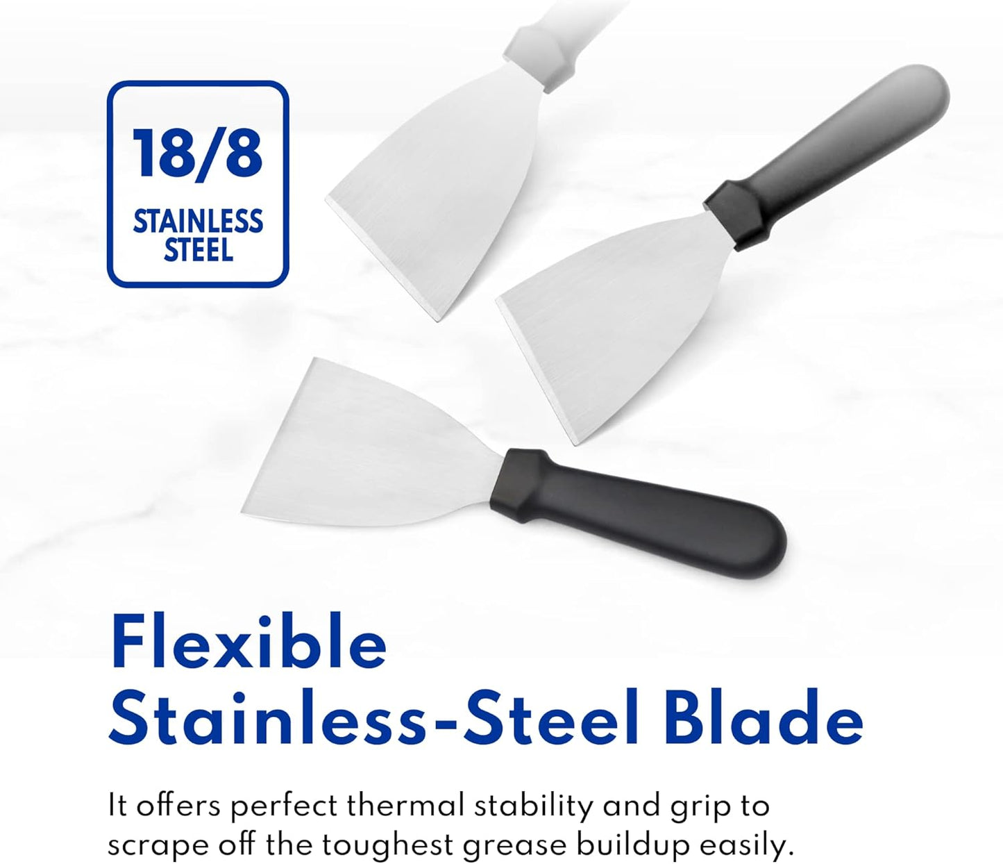 Stainless Steel Slant Edge Grill Scraper with Black Plastic Handle, 4 x 8.5 Inch Restaurant Grade Griddle Scraper, Flat Top Scraper, Grill Cleaning Tool