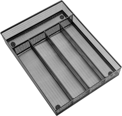 Utensil Drawer Organizer, 5 Compartment, 12.5 x 9.2 Inch, Black | Cutlery Tray, Silverware Flatware Storage Divider for Kitchen, Mesh Wire