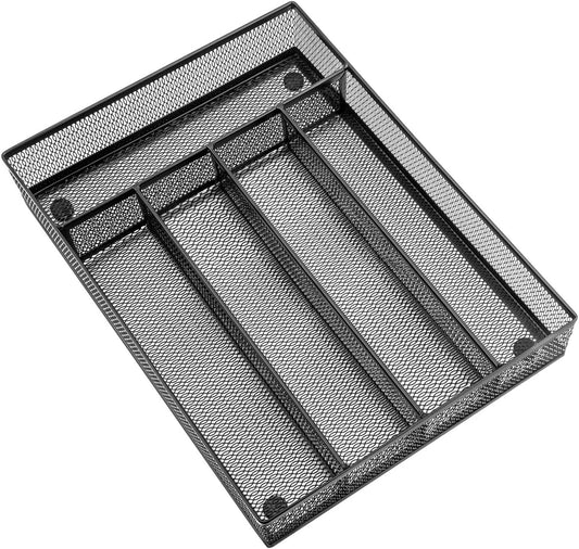 Utensil Drawer Organizer, 5 Compartment, 12.5 x 9.2 Inch, Black | Cutlery Tray, Silverware Flatware Storage Divider for Kitchen, Mesh Wire
