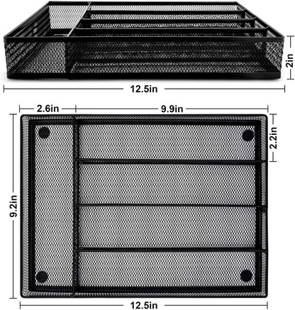 Utensil Drawer Organizer, 5 Compartment, 12.5 x 9.2 Inch, Black | Cutlery Tray, Silverware Flatware Storage Divider for Kitchen, Mesh Wire