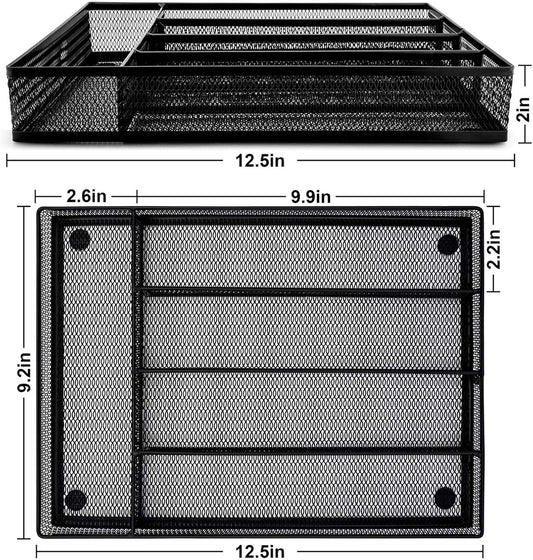 Utensil Drawer Organizer, 5 Compartment, 12.5 x 9.2 Inch, Black | Cutlery Tray, Silverware Flatware Storage Divider for Kitchen, Mesh Wire