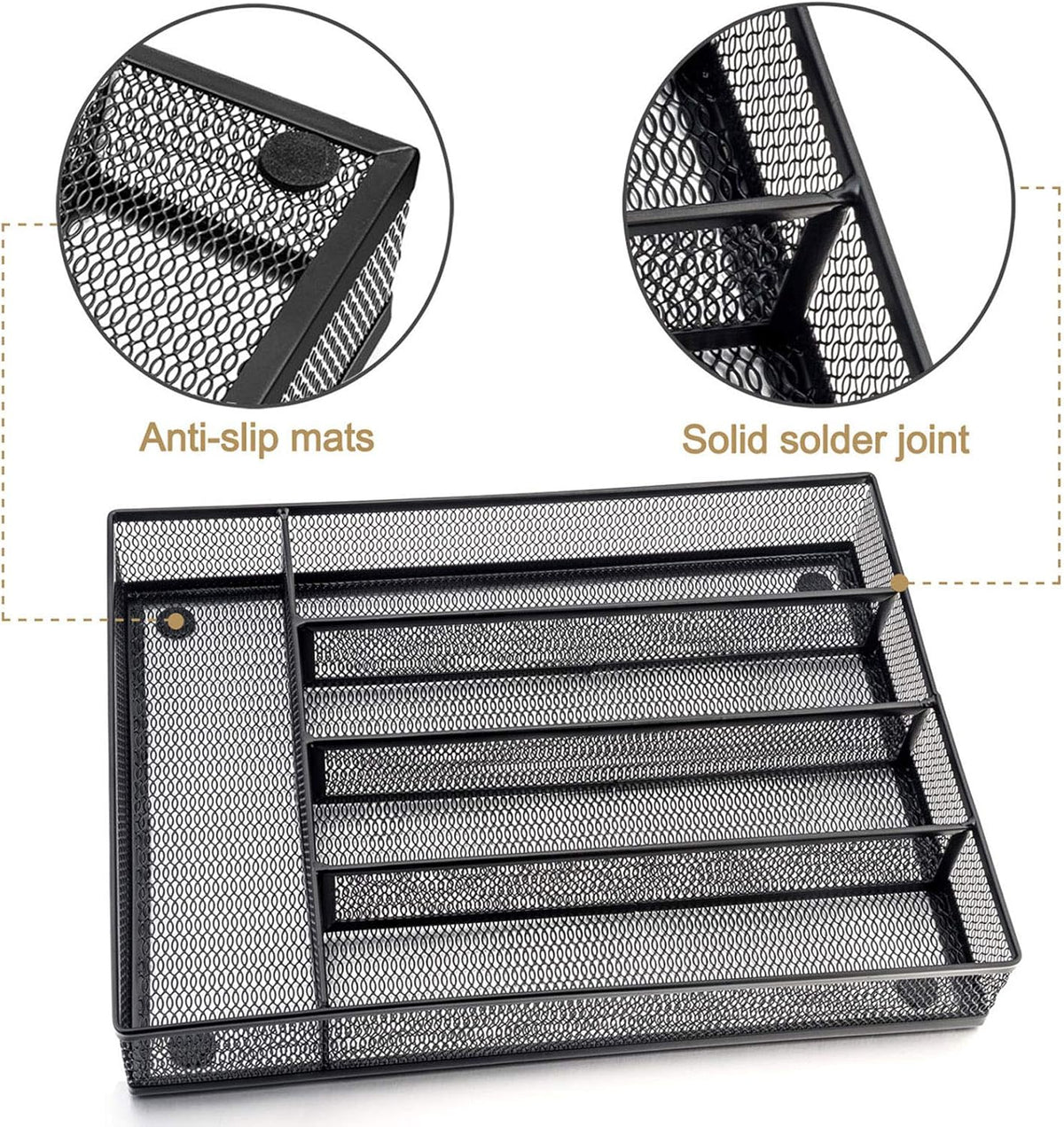Utensil Drawer Organizer, 5 Compartment, 12.5 x 9.2 Inch, Black | Cutlery Tray, Silverware Flatware Storage Divider for Kitchen, Mesh Wire