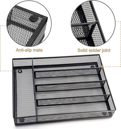 Utensil Drawer Organizer, 5 Compartment, 12.5 x 9.2 Inch, Black | Cutlery Tray, Silverware Flatware Storage Divider for Kitchen, Mesh Wire
