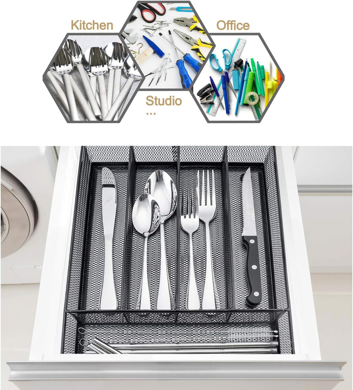 Utensil Drawer Organizer, 5 Compartment, 12.5 x 9.2 Inch, Black | Cutlery Tray, Silverware Flatware Storage Divider for Kitchen, Mesh Wire