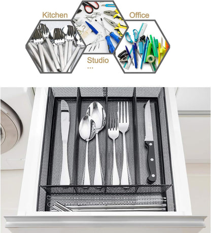 Utensil Drawer Organizer, 5 Compartment, 12.5 x 9.2 Inch, Black | Cutlery Tray, Silverware Flatware Storage Divider for Kitchen, Mesh Wire