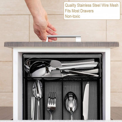 Utensil Drawer Organizer, 5 Compartment, 12.5 x 9.2 Inch, Black | Cutlery Tray, Silverware Flatware Storage Divider for Kitchen, Mesh Wire