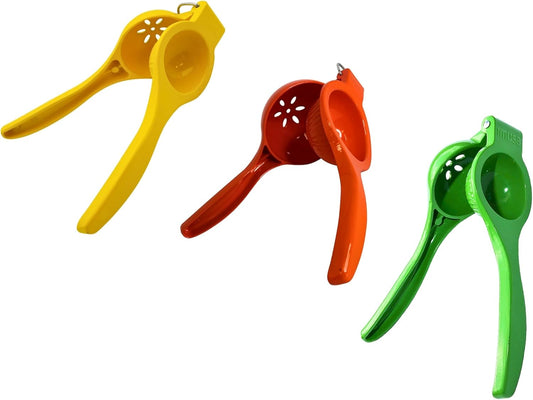 IMUSA 3 Piece Lime, Lemon & Orange Citrus Squeezer Set | Painted Finish, Built-In Hanging Rings and Straining Holes, Ideal for Lemonade and Margaritas