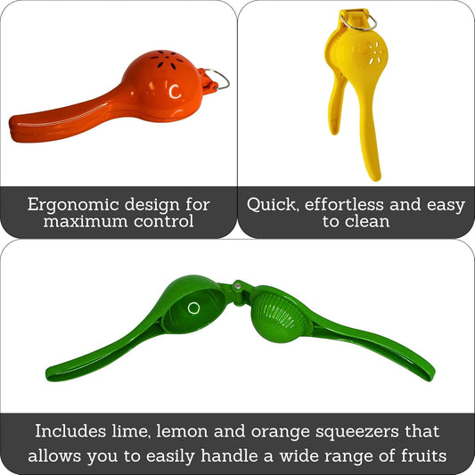 IMUSA 3 Piece Lime, Lemon & Orange Citrus Squeezer Set | Painted Finish, Built-In Hanging Rings and Straining Holes, Ideal for Lemonade and Margaritas