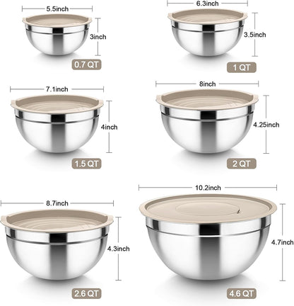 Mixing Bowls Set of 6, Stainless Steel Nesting Mixing Salad Bowl