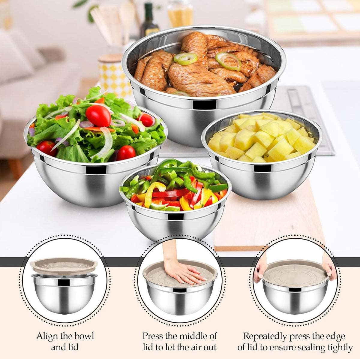 Mixing Bowls Set of 6, Stainless Steel Nesting Mixing Salad Bowl