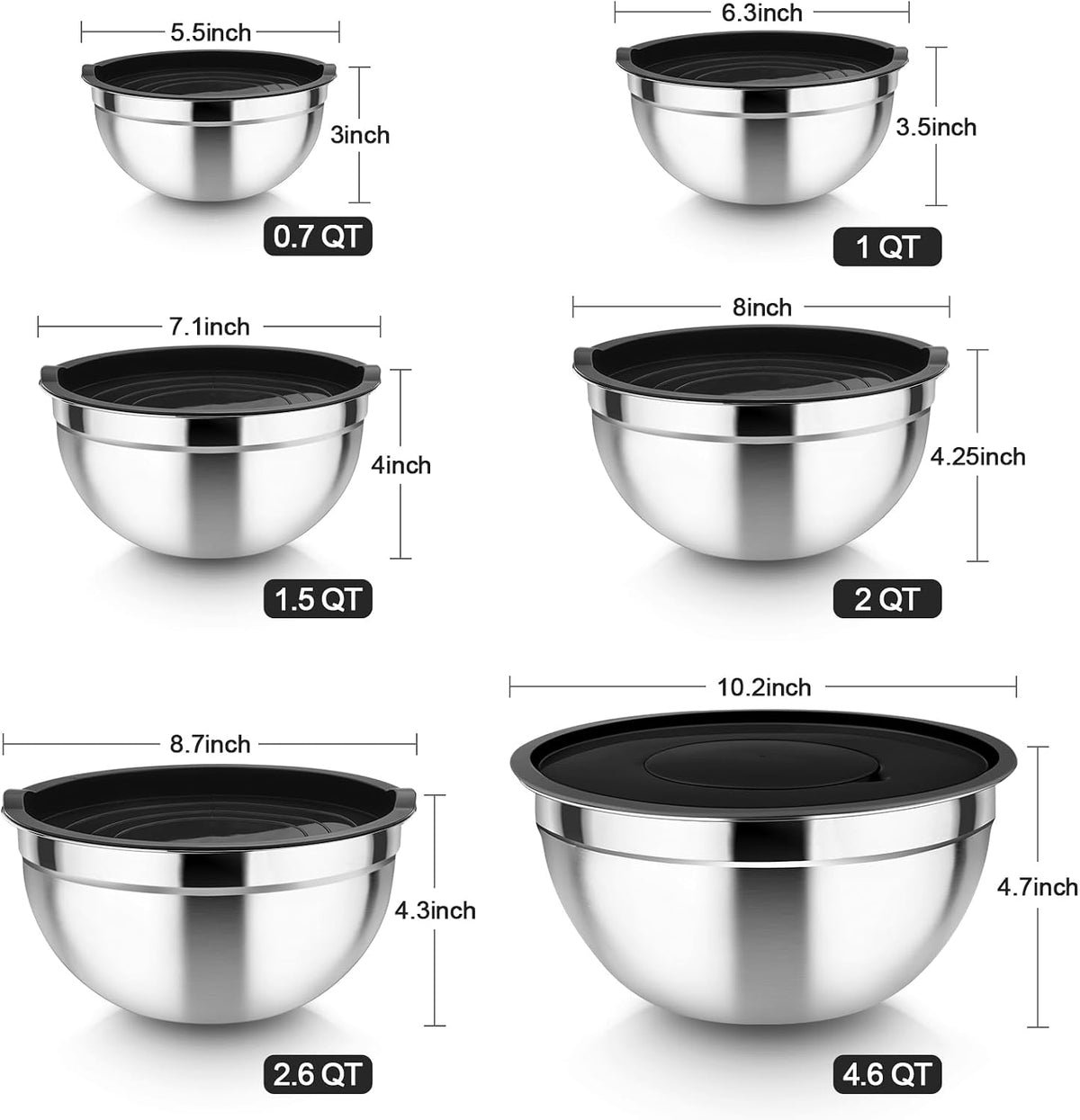 Mixing Bowls Set of 6, Stainless Steel Nesting Mixing Salad Bowl
