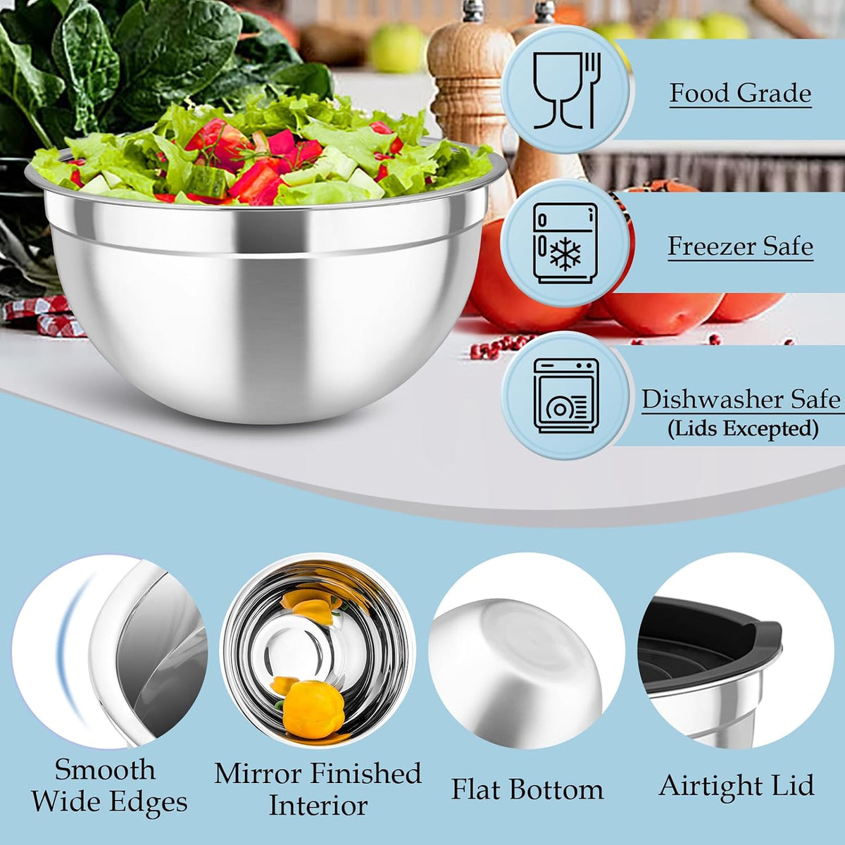 Mixing Bowls Set of 6, Stainless Steel Nesting Mixing Salad Bowl