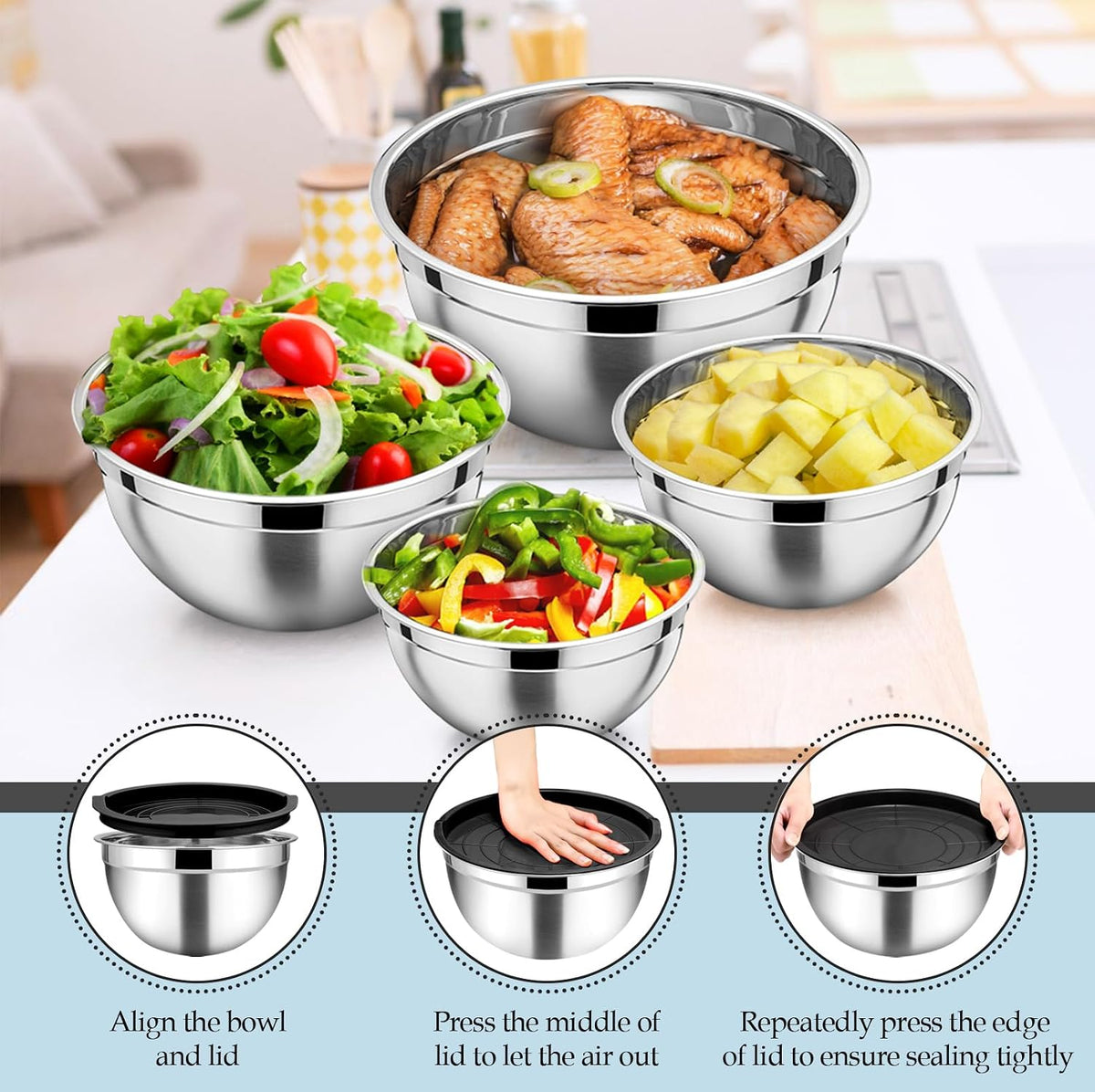 Mixing Bowls Set of 6, Stainless Steel Nesting Mixing Salad Bowl