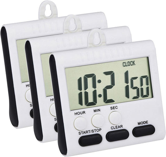 3 Pack Digital Kitchen Timer for Cooking, Big Digits, 24 Hour Magnetic Backing Stand Kitchen Timers Clock for Classroom Kids Teachers, Loud Alarm and Big Screen (Black and White)